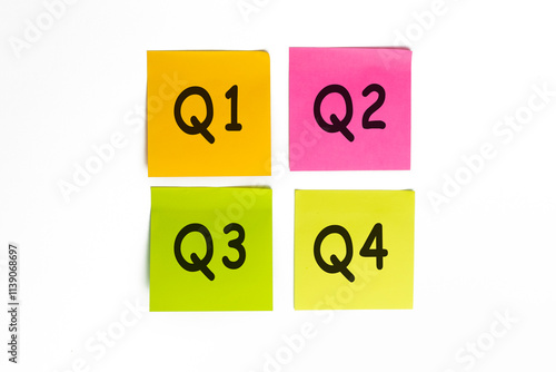 concept of quarterly report on sticky notes isolated on white background photo