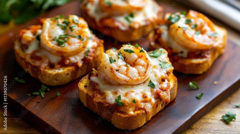 Delicious Shrimp Toast with Melted Cheese and Savory Marinara Sauce Served on a Wooden Board for Appetizing Culinary Presentation Delicious Shrimp Toast with Melted Cheese and Savory Marinara Sauce Served on a Wooden Board for Appetizing Culinary Presentation