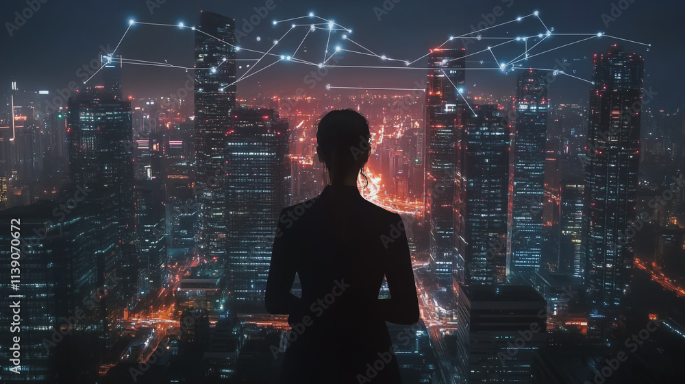 Abstract businesswoman stands on the peak of success Smart digital city with connection cyber security network reciprocity over the cityscape future wireless digital city and social media networking Abstract businesswoman stands on the peak of success Smart digital city with connection cyber security network reciprocity over the cityscape future wireless digital city and social media networking