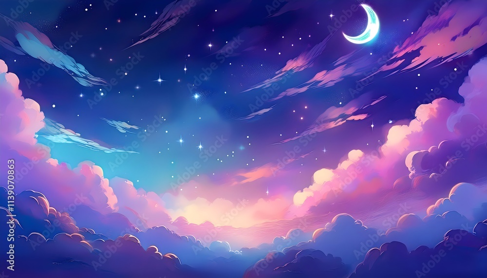 Gradient mystical moonlight sky with clouds and stars. Fantasy beautiful background Gradient mystical moonlight sky with clouds and stars. Fantasy beautiful background
