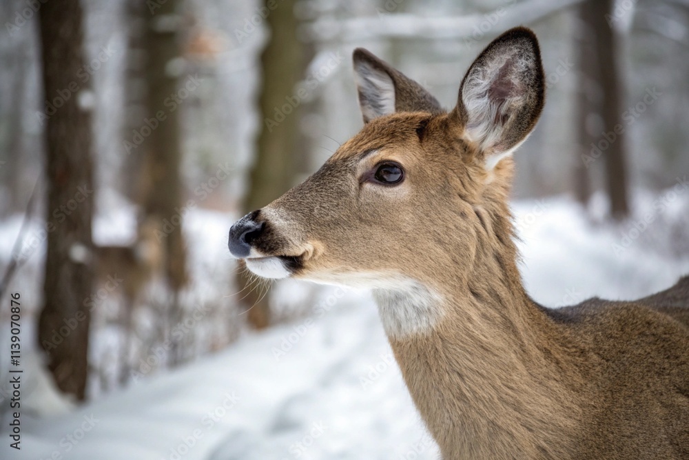 a close-up portrait of a young deer standing in a snowy forest a close-up portrait of a young deer standing in a snowy forest
