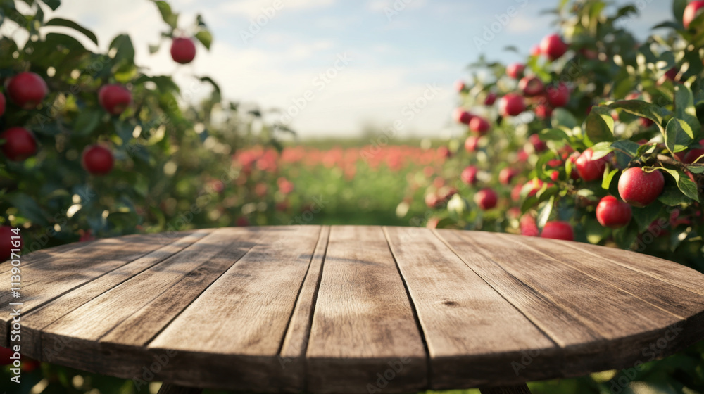 rustic wooden table surrounded by lush apple trees, creating serene outdoor setting. vibrant red apples contrast beautifully with green foliage, inviting peaceful moment in nature rustic wooden table surrounded by lush apple trees, creating serene outdoor setting. vibrant red apples contrast beautifully with green foliage, inviting peaceful moment in nature