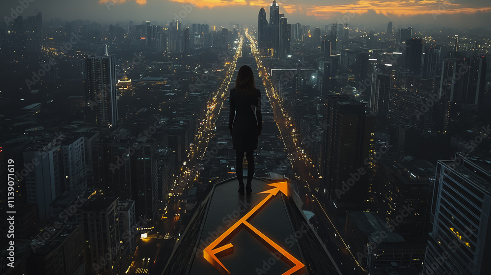 Abstract business man stands on the peak of success Smart digital city with connection cyber security network reciprocity over the cityscape  future  wireless digital city and social media networking 