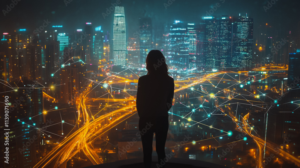 Abstract business man stands on the peak of success Smart digital city with connection cyber security network reciprocity over the cityscape future wireless digital city and social media networking Abstract business man stands on the peak of success Smart digital city with connection cyber security network reciprocity over the cityscape future wireless digital city and social media networking