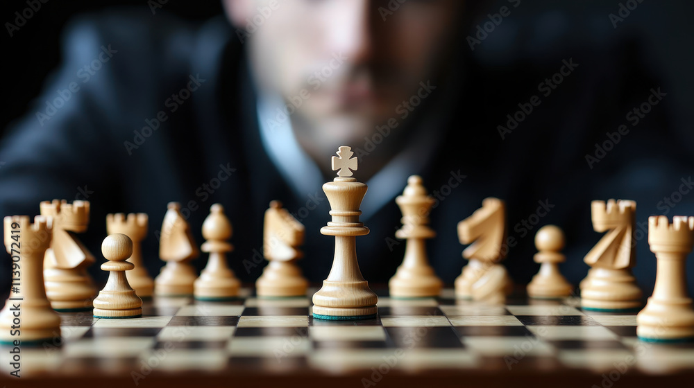 Chess game with wooden pieces, focus on king, strategic thinking involved Chess game with wooden pieces, focus on king, strategic thinking involved