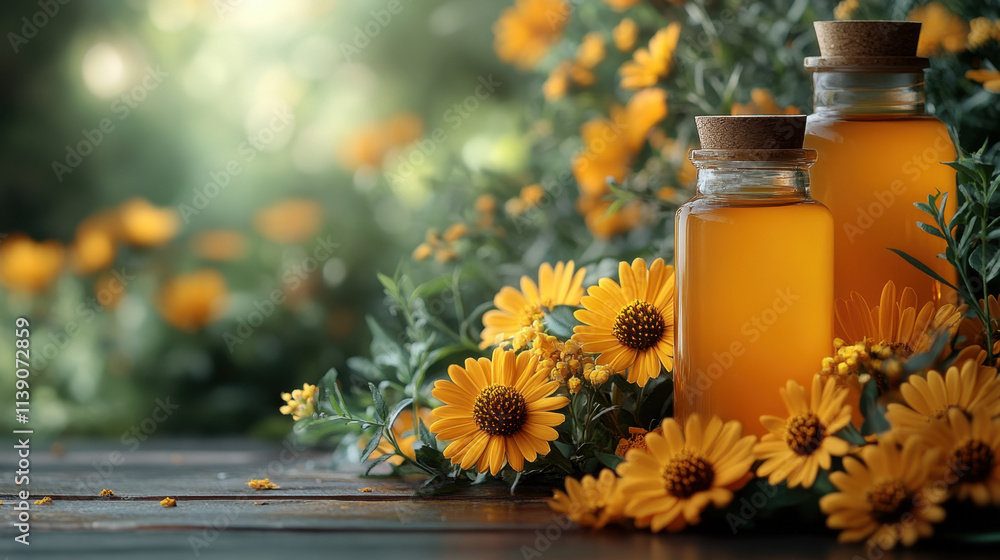Golden liquid in glass bottles surrounded by vibrant yellow flowers creates serene and inviting atmosphere. natural beauty of scene evokes feelings of warmth and tranquility Golden liquid in glass bottles surrounded by vibrant yellow flowers creates serene and inviting atmosphere. natural beauty of scene evokes feelings of warmth and tranquility