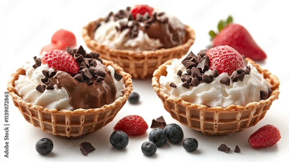 Vanilla, Chocolate, and Strawberry Ice Cream in Waffle Cones, Isolated on a White Background for a Fun, Refreshing Dessert Moment Vanilla, Chocolate, and Strawberry Ice Cream in Waffle Cones, Isolated on a White Background for a Fun, Refreshing Dessert Moment