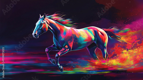 Abstract colorful horse animal running artwork illustration. beautiful wild equestrian wallpaper, gallop painting poster, power and speed. photo