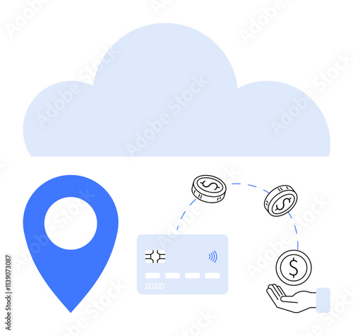 Blue cloud, bold blue location pin, digital credit card, coins moving to a hand, indicating secure financial transactions. Ideal for fintech, online payments, cloud services, digital banking