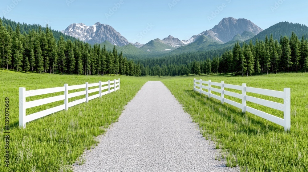 Scenic pathway through green fields and mountains. Scenic pathway through green fields and mountains.