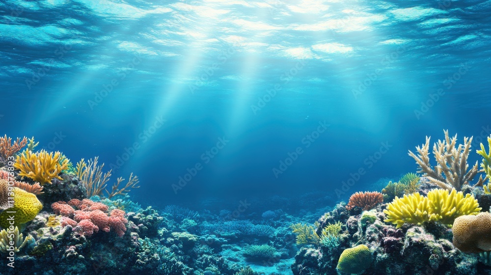 Naklejka premium Exploring Coral Reef Life Underwater Ocean Nature Photography Marine Environment Bright Sunlight Biodiversity and Ecosystem