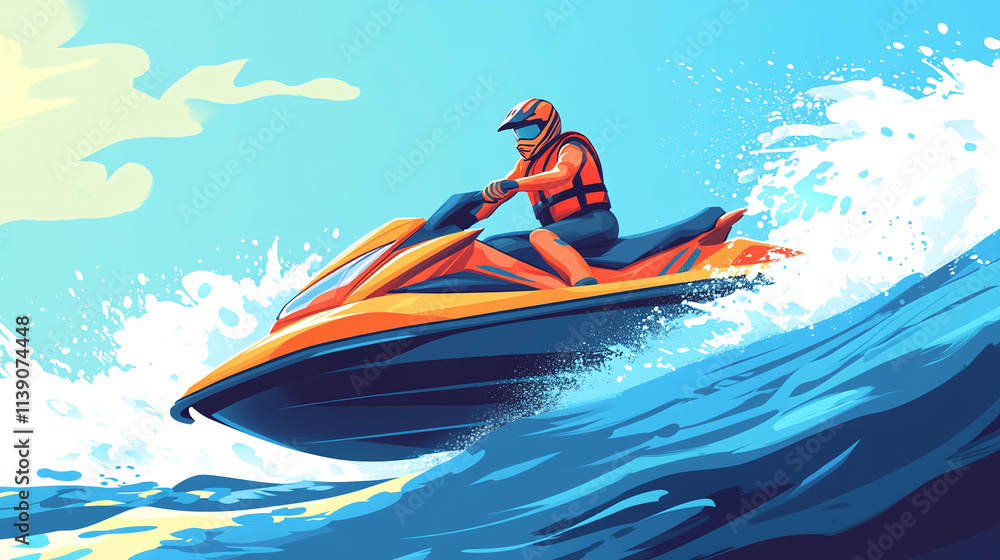 Illustration of man rider riding driving a jet ski boat on sea or ocean, water spray or splash. extreme summer sport power action, fast racing, holiday vacation leisure. Illustration of man rider riding driving a jet ski boat on sea or ocean, water spray or splash. extreme summer sport power action, fast racing, holiday vacation leisure.