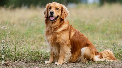 Golden Retriever dog sitting in a field. photo