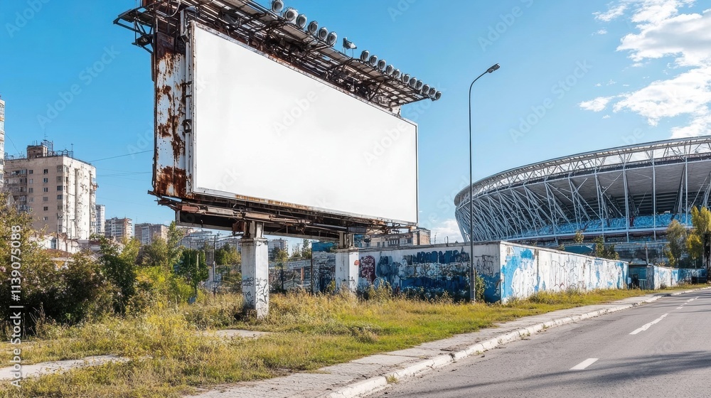 Obraz premium Empty billboard advertising space near stadium urban landscape photography daylight outdoor marketing potential