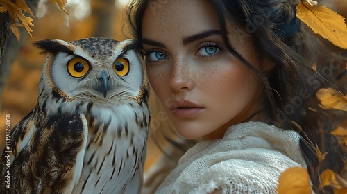 Close-up portrait of a young woman with an owl in an autumnal setting. photo