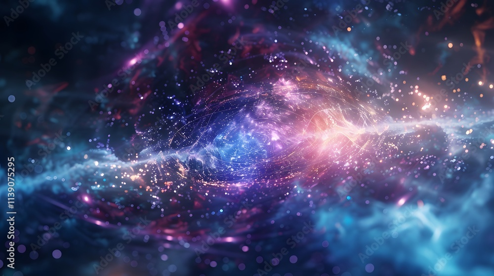 Fototapeta premium Abstract blue and purple nebula with glowing particles and light streaks.
