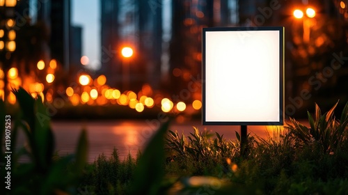 Illuminated blank sign in urban environment evening light modern cityscape advertising canvas perspective viewpoint