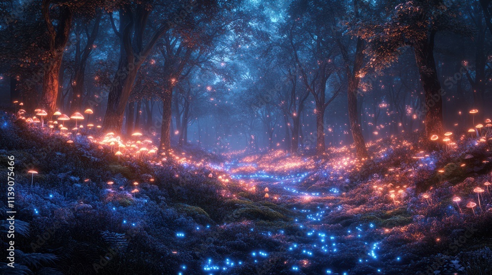Fototapeta premium Enchanting path through a mystical forest at night, glowing mushrooms and fireflies illuminate the way.
