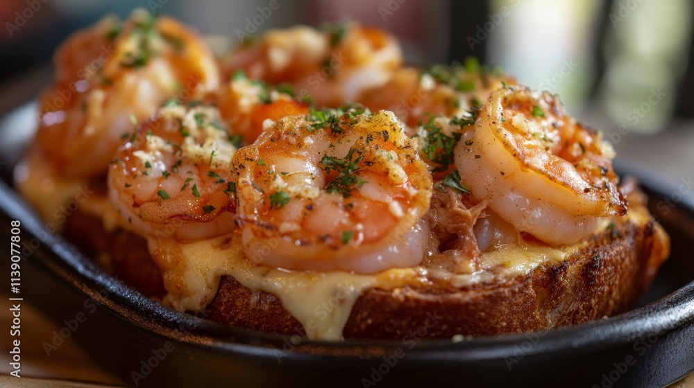 Savory Grilled Shrimp on Melted Cheese Toast Served in a Black Cast Iron Pan with Fresh Herbs and a Golden Brown Crust Savory Grilled Shrimp on Melted Cheese Toast Served in a Black Cast Iron Pan with Fresh Herbs and a Golden Brown Crust