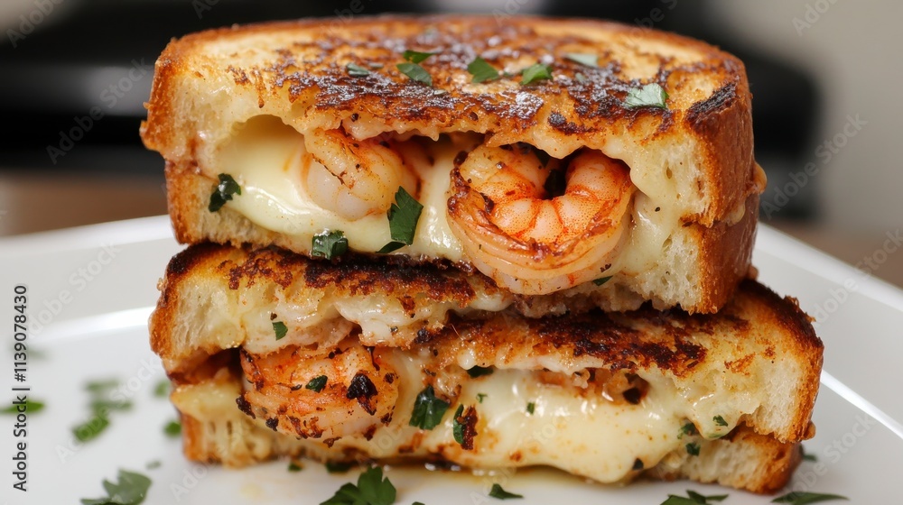 Mouthwatering Shrimp Grilled Cheese Sandwich with Gooey Cheese and Fresh Herbs on a White Plate, Perfect for Culinary Delights and Gourmet Recipes Mouthwatering Shrimp Grilled Cheese Sandwich with Gooey Cheese and Fresh Herbs on a White Plate, Perfect for Culinary Delights and Gourmet Recipes