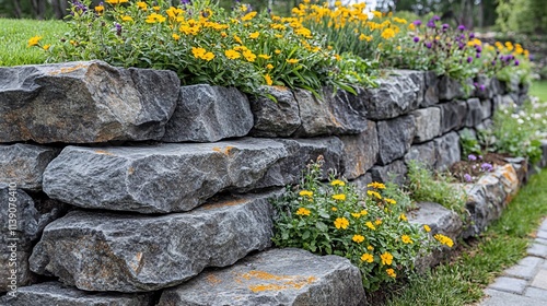 Stone retaining wall with yellow and purple flowers.