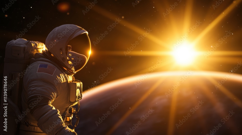 Astronaut observing sunrise over earth space digital art cosmic environment inspirational viewpoint exploration concept
