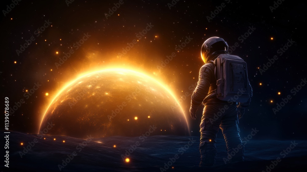 Obraz premium Astronaut observes sunrise on another planet outer space digital art cosmic environment dramatic viewpoint exploration concept