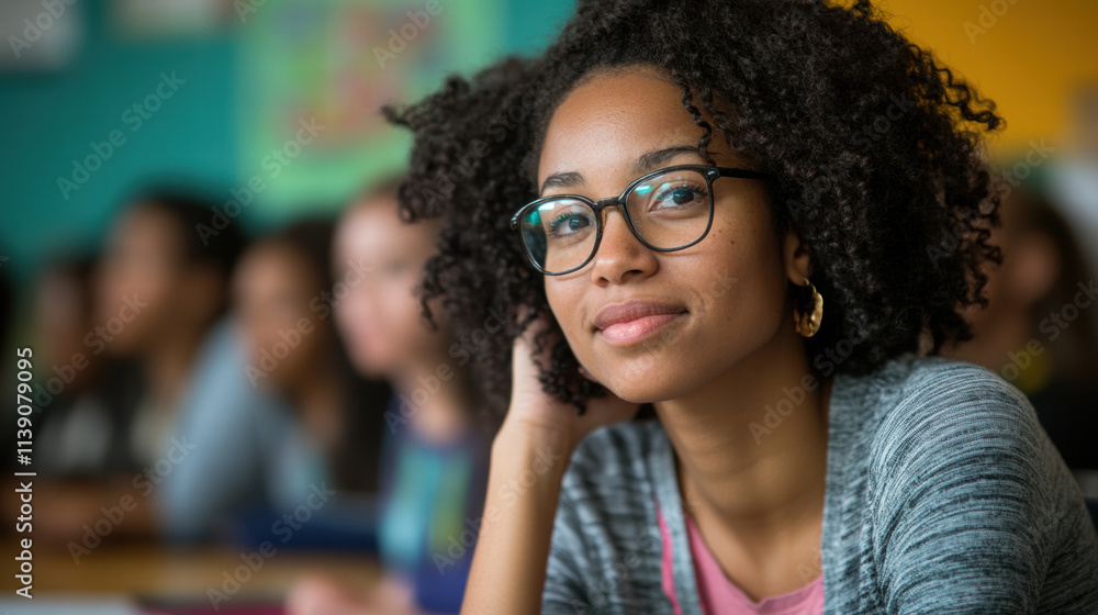 Engaged student with curly hair and glasses in classroom setting Engaged student with curly hair and glasses in classroom setting