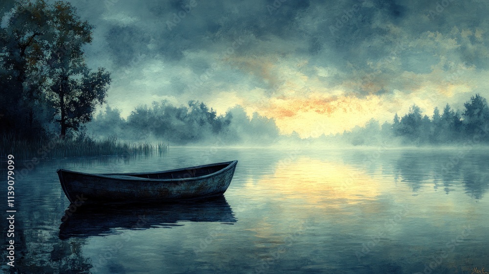 Fototapeta premium Boat sits on misty lake at dawn.