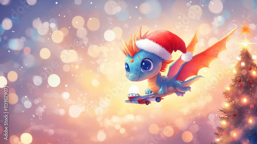 Kawaii cute adorable little watercolor style dragon flying a small toy airplane,water, funny, smile, love, 