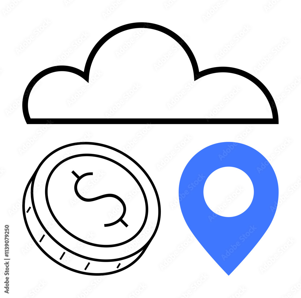 Cloud above a dollar coin and blue location pin. Ideal for finance, navigation, cloud technology, digital transactions, economics, online services, and mapping. Line metaphor Cloud above a dollar coin and blue location pin. Ideal for finance, navigation, cloud technology, digital transactions, economics, online services, and mapping. Line metaphor