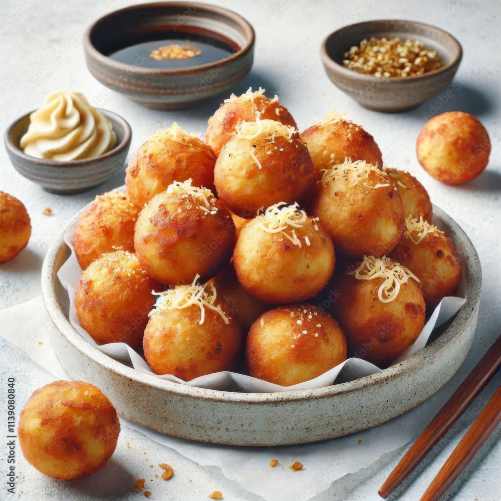 Fried battered known as takoyaki, displayed beautifully on a white background Fried battered known as takoyaki, displayed beautifully on a white background