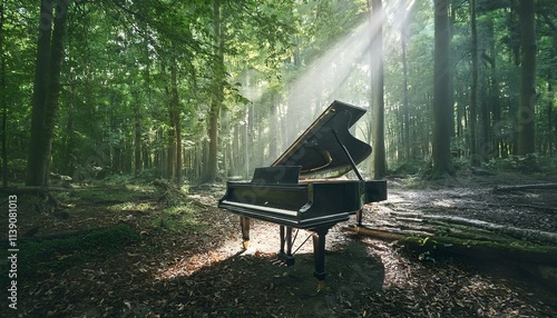 In the heart of the forest, a grand piano blends naturally among the trees