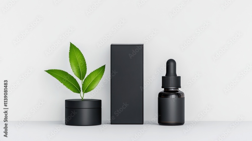Minimalist display of a plant and essential oil dropper bottle. Minimalist display of a plant and essential oil dropper bottle.