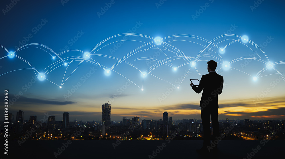 Abstract businessman stands on the peak of success Smart digital city with connection cyber security network reciprocity over the cityscape future wireless digital city and social media networking
Abstract businessman stands on the peak of success Smart digital city with connection cyber security network reciprocity over the cityscape future wireless digital city and social media networking