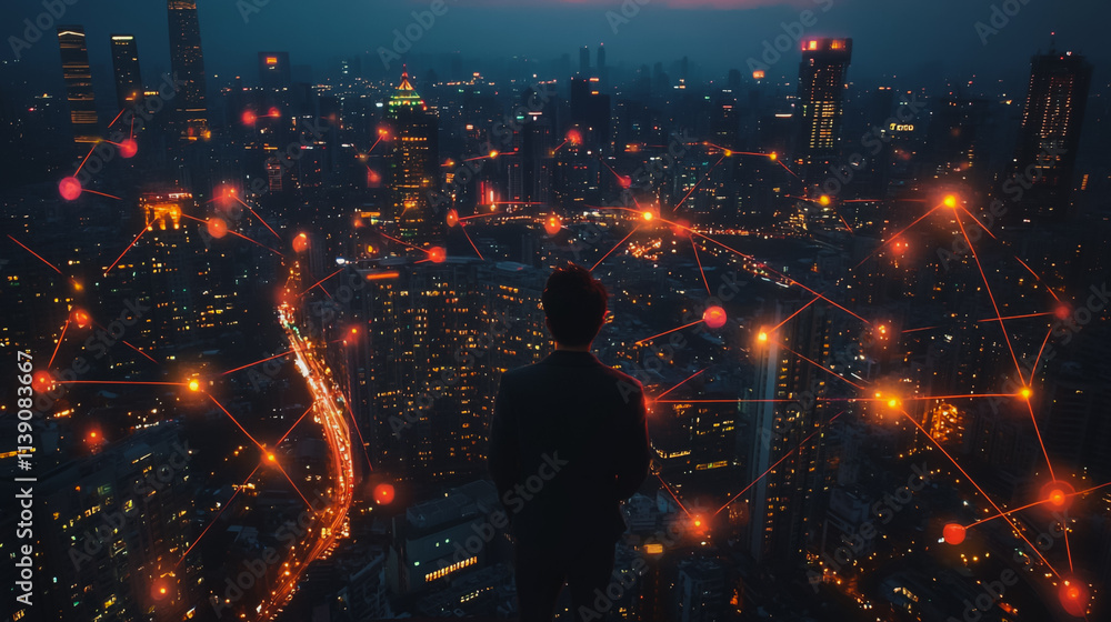 Abstract businessman stands on the peak of success Smart digital city with connection cyber security network reciprocity over the cityscape future wireless digital city and social media networking
Abstract businessman stands on the peak of success Smart digital city with connection cyber security network reciprocity over the cityscape future wireless digital city and social media networking