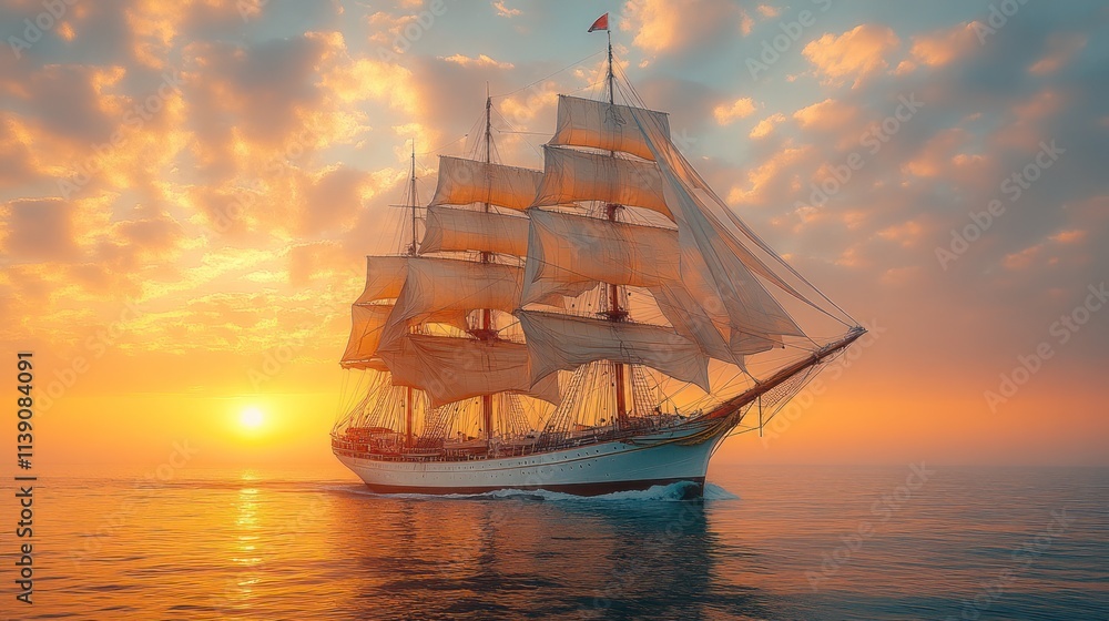 Fototapeta premium Sailing ship at sunset with dramatic sky and golden light.