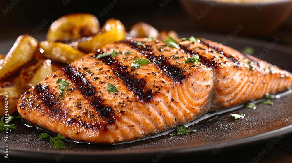 Grilled Salmon with Roasted Vegetables on Plate Grilled Salmon with Roasted Vegetables on Plate