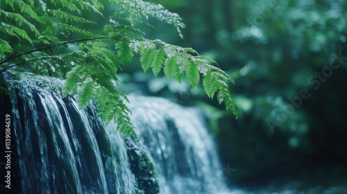 Mark World Environment Day with lush green forests and cascading waterfalls against a pristine natural landscape backdrop, macro shot, Minimalist style