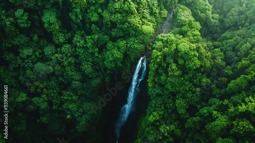 Mark World Environment Day with lush green forests and cascading waterfalls against a pristine natural landscape backdrop, macro shot, Minimalist style