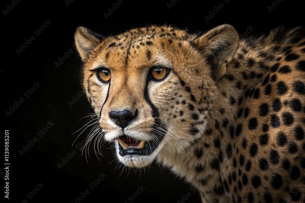 a close-up portrait of a cheetah's face. The background is completely black a close-up portrait of a cheetah's face. The background is completely black
