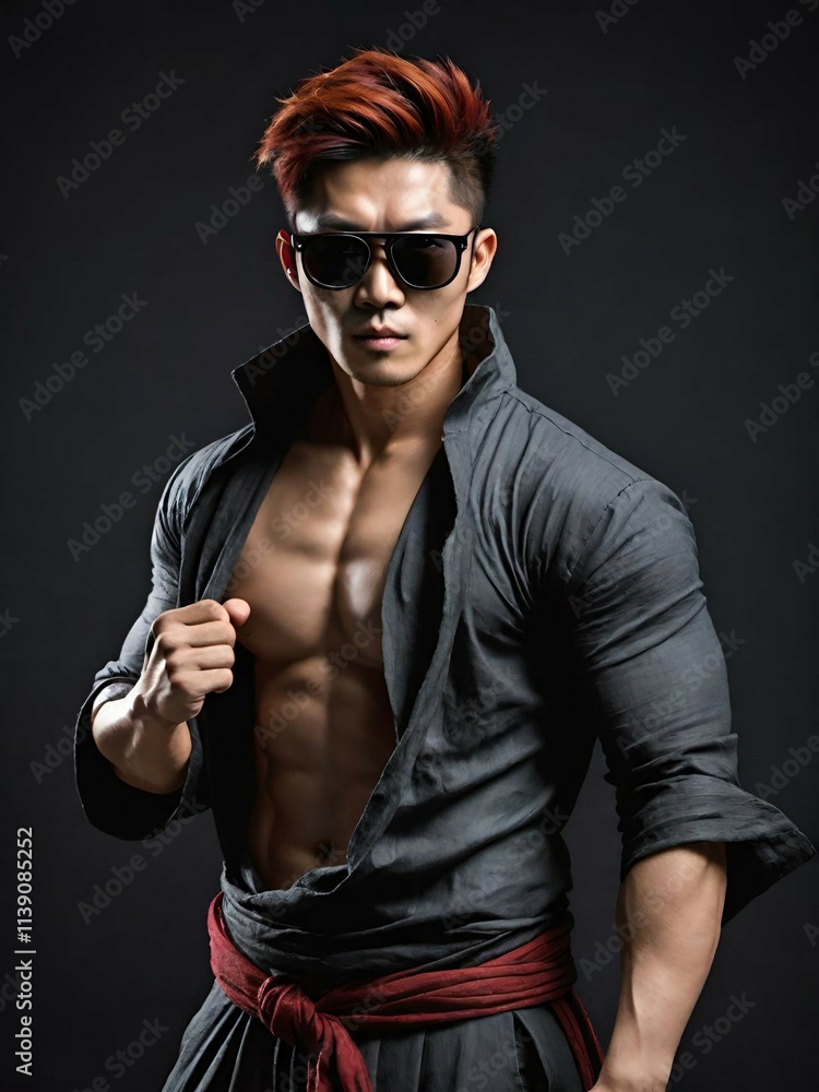 Obraz premium asian young man with strong abs and biceps. male model in studio on dark background.