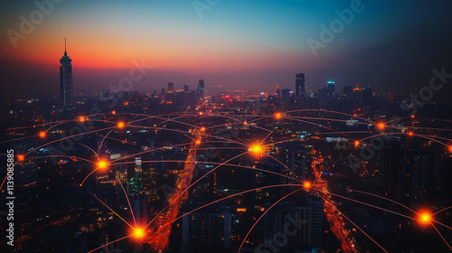 Wallpaper Mural Smart digital city with connection cyber security network reciprocity over the cityscape . future smart wireless digital city and social media networking systems that connects people within the city Torontodigital.ca