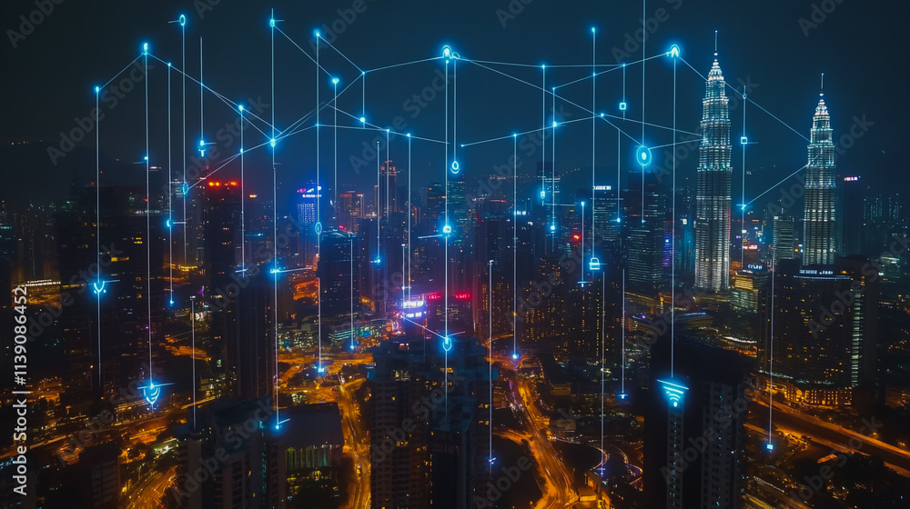 Fototapeta premium Smart digital city with connection cyber security network reciprocity over the cityscape . future smart wireless digital city and social media networking systems that connects people within the city