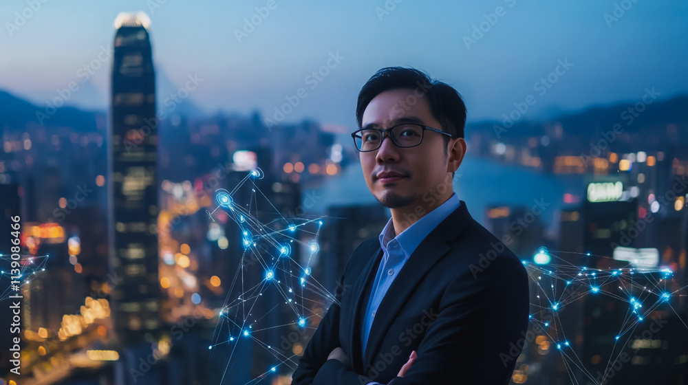 Abstract businessman stands on the peak of success Smart digital city with connection cyber security network reciprocity over the cityscape future wireless digital city and social media networking
Abstract businessman stands on the peak of success Smart digital city with connection cyber security network reciprocity over the cityscape future wireless digital city and social media networking