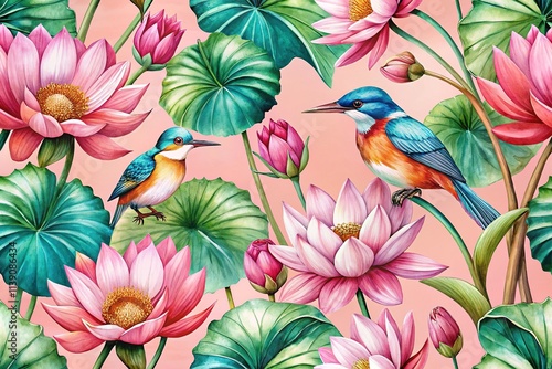 Watercolor Lotus Kingfisher Pink Wallpaper Design photo