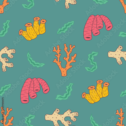 Coral Reef Seaweed Vector Seamless Pattern illustration for Print, Wallpaper, Decoration.