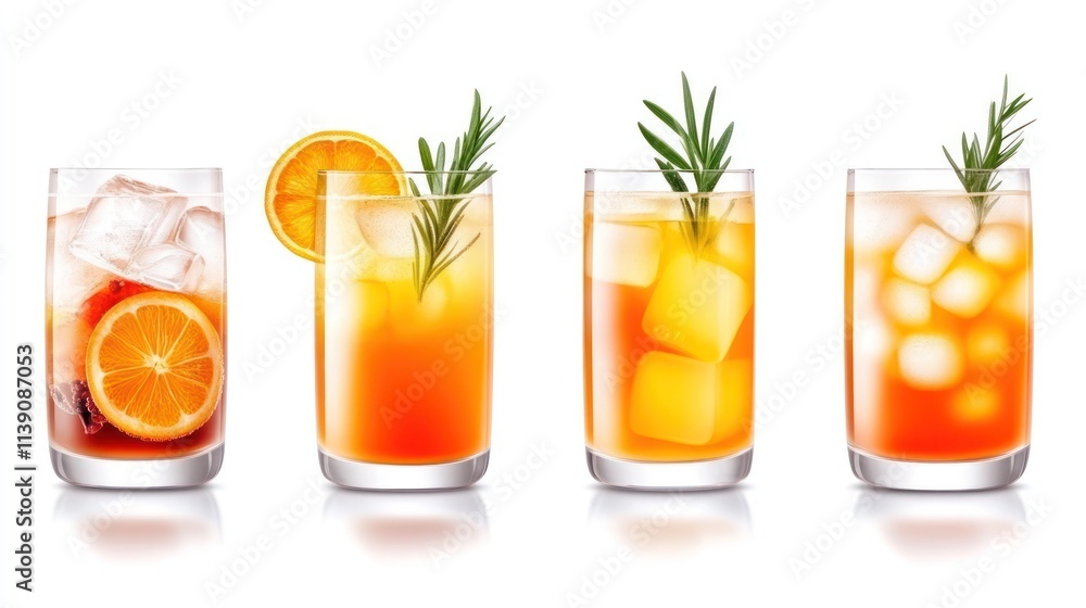 Four refreshing drinks with ice, citrus, and herbs. Four refreshing drinks with ice, citrus, and herbs.