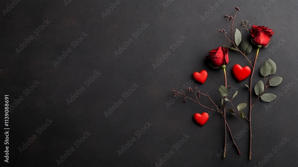 Romantic red roses and hearts on dark background. Romantic red roses and hearts on dark background.