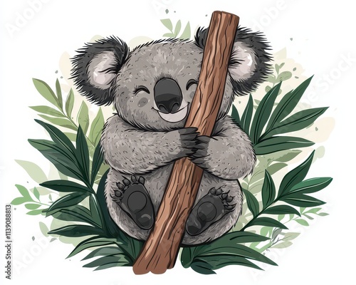 Playful koala embracing tree in lush forest cartoon art nature whimsical style photo